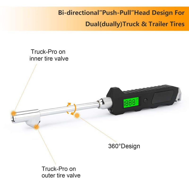 Number-one Digital Tire Pressure Gauge 230 PSI Auto Shut Off LCD Backlight Digital Display RV Heavy Duty Dual Head Rotatable Pressure Measuring Valve with LED Flashlight for RV Car Truck Motorcycle - Image 3